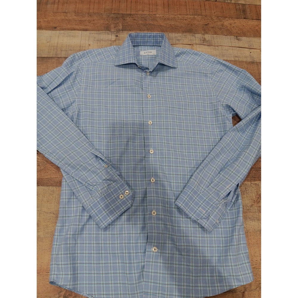Men's Eton Plaid Blue Long Sleeve Button Up Sz 39 15 1/2 (2954)